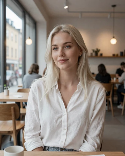 Swedish woman Elin at a modern Stockholm cafe with natural light