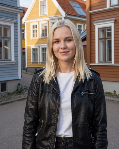 Estonian woman Liis in trendy Kalamaja district Tallinn with colorful wooden houses