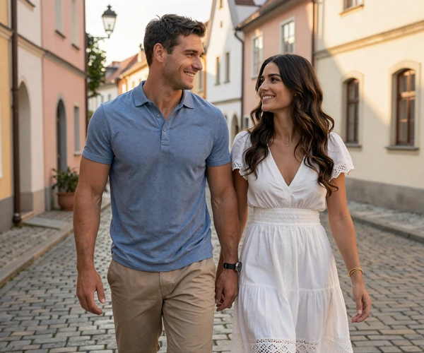 James and Elena walking through Italian old town on their first meeting through Dating Hot Love