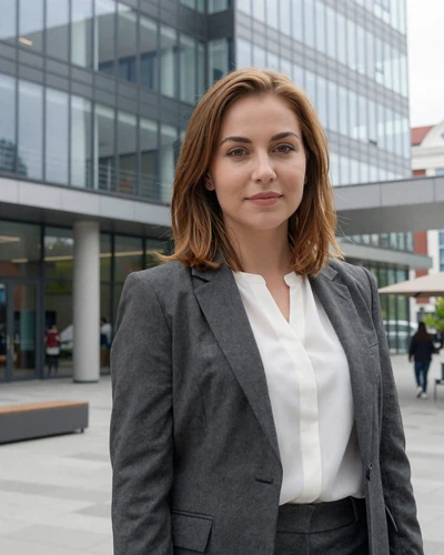 Lithuanian woman Ieva in a modern business district setting in Vilnius