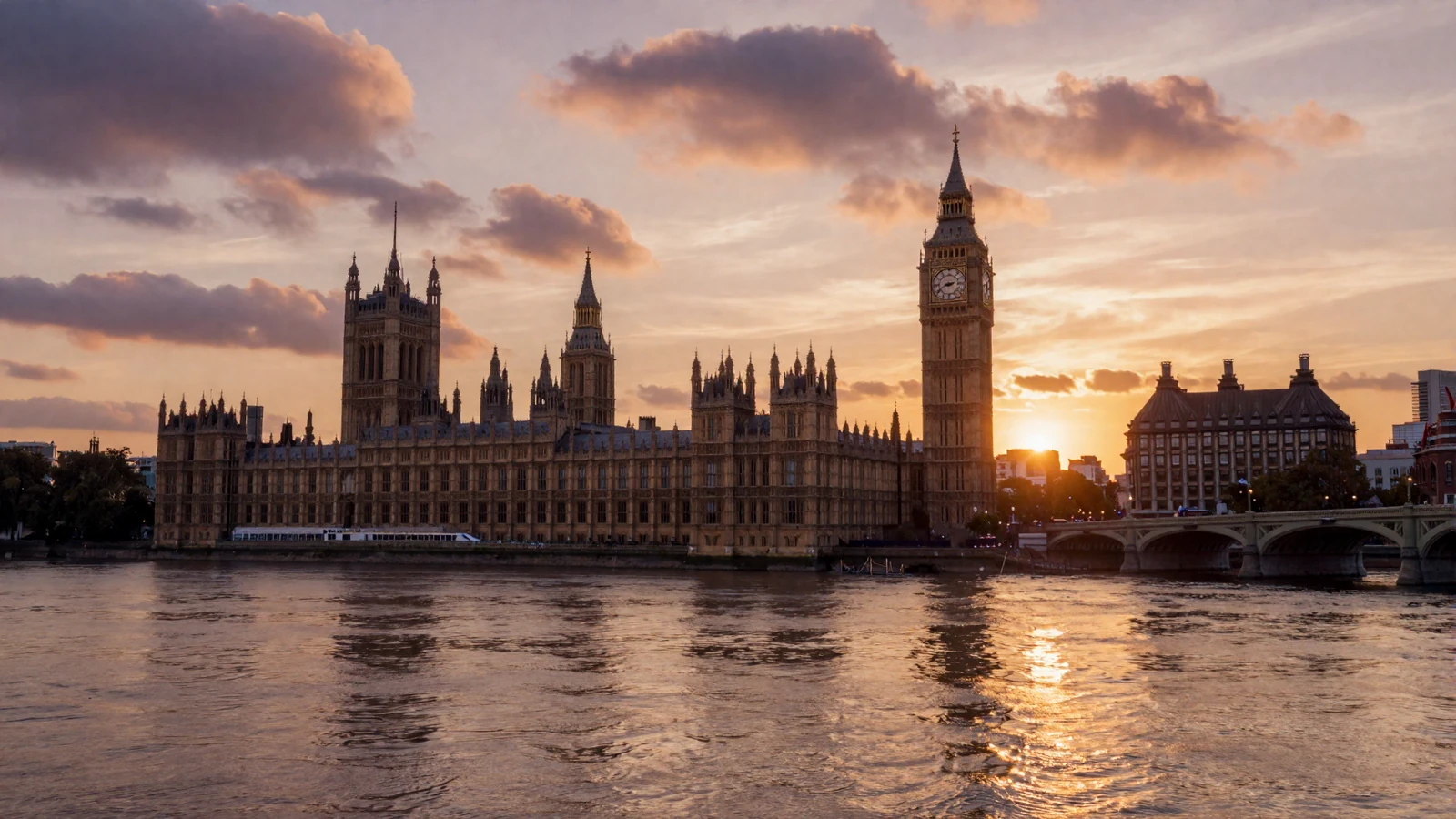 Romantic London skyline at golden hour with Big Ben and the Thames for British women dating