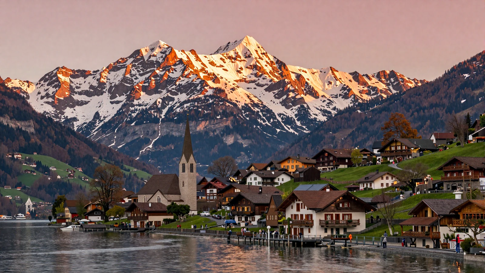Swiss Alps panorama with Lake Lucerne and traditional Swiss town at golden hour for Swiss women dating