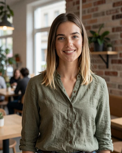 German woman Lena smiling at a modern cafe in Berlin