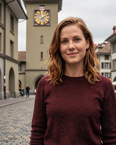 Swiss woman Nina on a cobblestone street in Bern old town near the Zytglogge clock tower