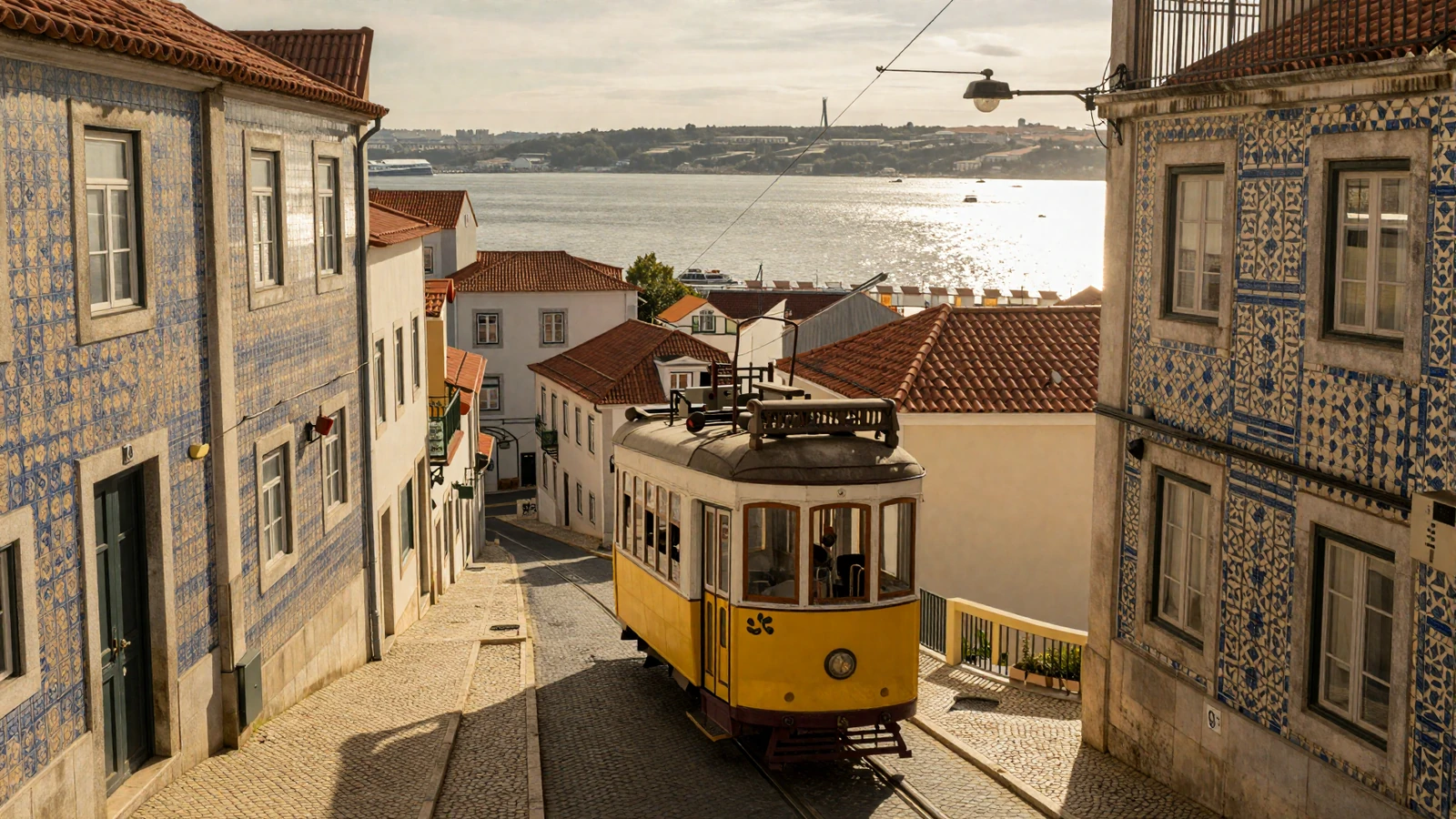 Colorful tiled buildings and yellow tram in Lisbon Alfama district at golden hour for Portuguese women dating