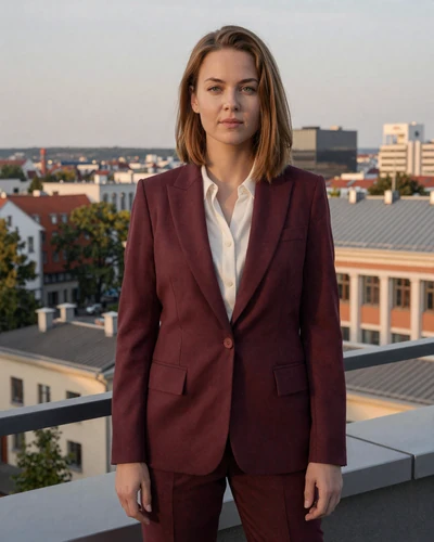 Lithuanian woman Austeja on a Vilnius rooftop terrace at sunset