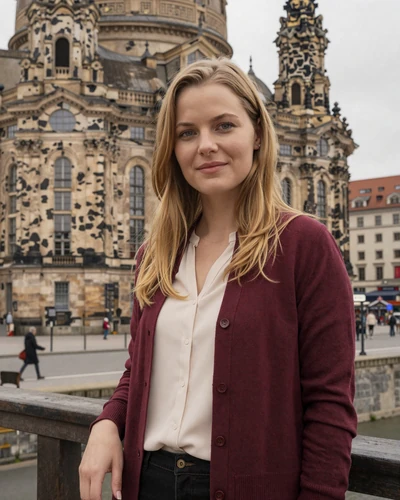 German woman Clara on a bridge over the Elbe river in Dresden