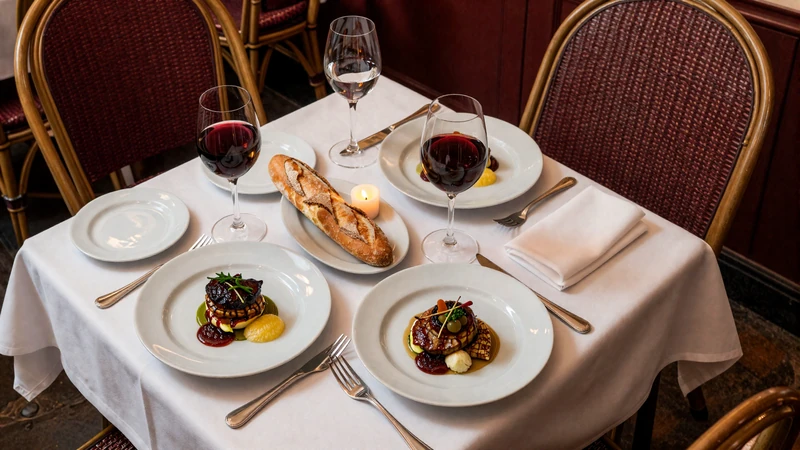 Elegant French restaurant table set for a romantic dinner date in Paris with wine and French cuisine