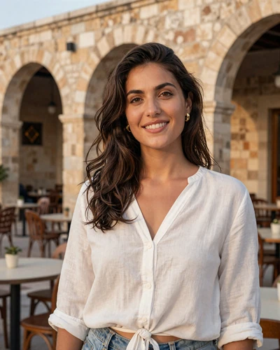 Cypriot woman Androulla smiling at an outdoor cafe in Nicosia old town Cyprus