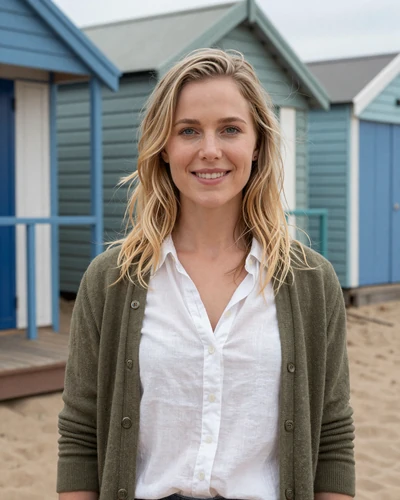 British woman Isabelle on Brighton beach with colorful beach huts