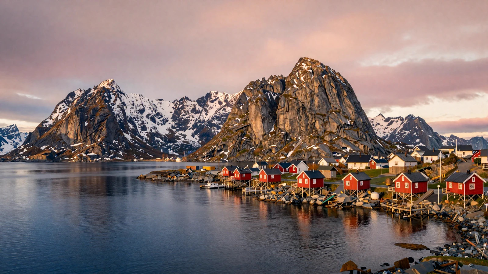 Scenic Scandinavian fjord at sunset with colorful Nordic village for dating guide