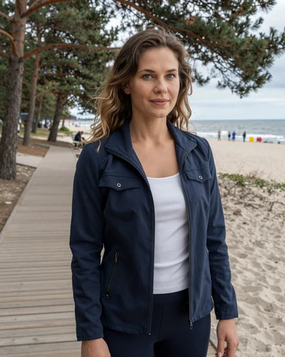 Latvian woman Ieva on Jurmala beach boardwalk near Baltic Sea