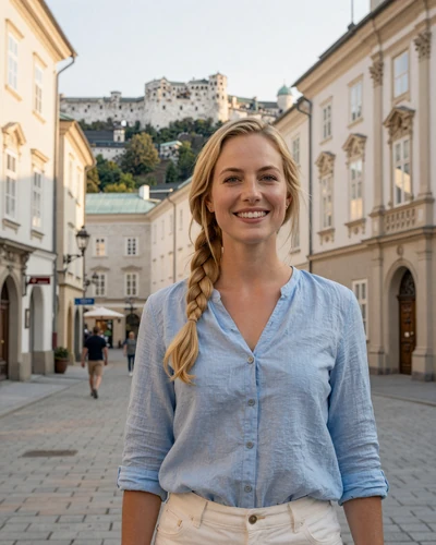 Austrian woman Lisa on a cobblestone street in Salzburg Old Town with fortress behind