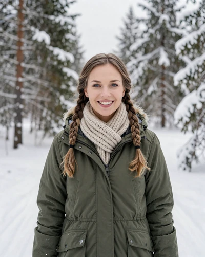 Finnish woman Noora in snowy Lapland forest near Rovaniemi wearing parka