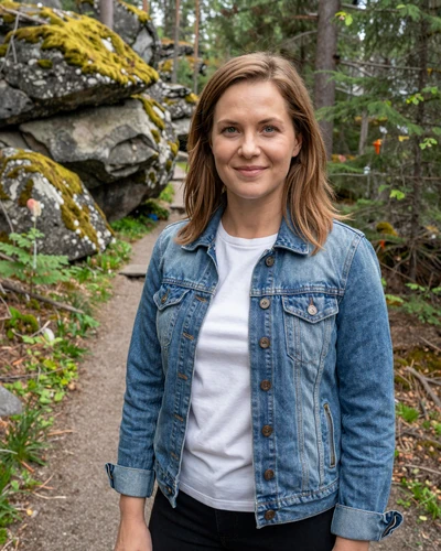 Finnish woman Emilia on a forest trail in Nuuksio National Park near Espoo