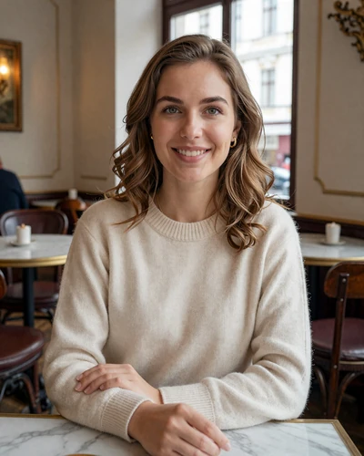 Austrian woman Katharina smiling at a traditional Viennese coffeehouse in Vienna