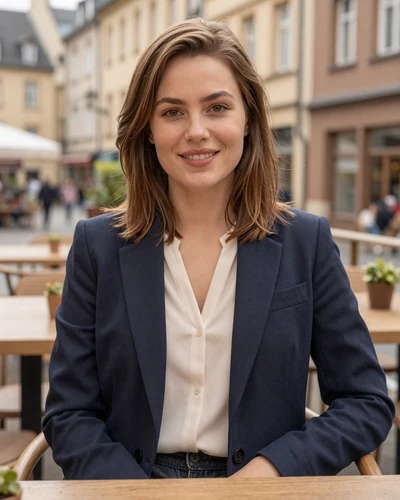 Luxembourg woman Léa at a cafe terrace in the Grund district of Luxembourg City