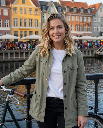 Danish woman Maja beside her bicycle on a Copenhagen canal bridge at golden hour