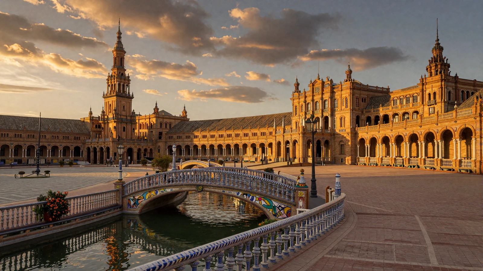 Plaza de España in Seville Spain at golden hour with warm light on Renaissance architecture for Spanish women dating