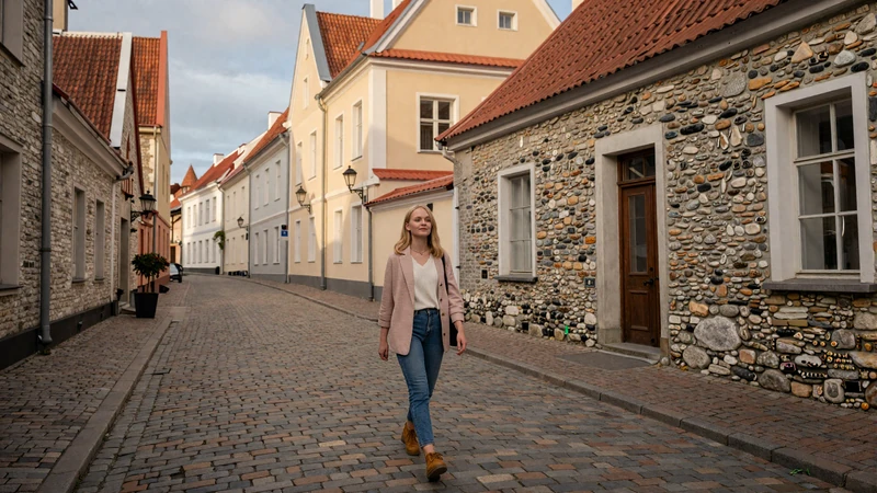 Charming cobblestone street in Tallinn Old Town with medieval architecture and warm golden light ideal for romantic Estonian dating