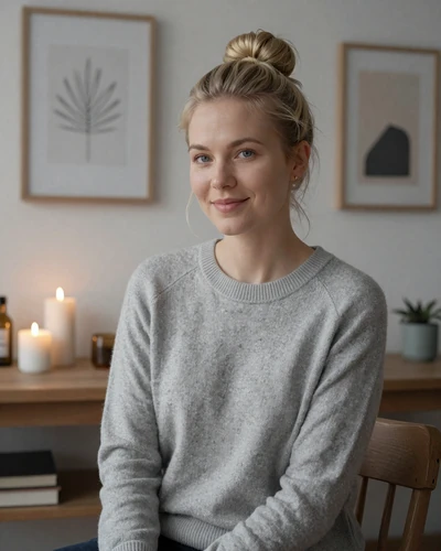 Danish woman Astrid in a cozy Copenhagen apartment with Scandinavian hygge decor