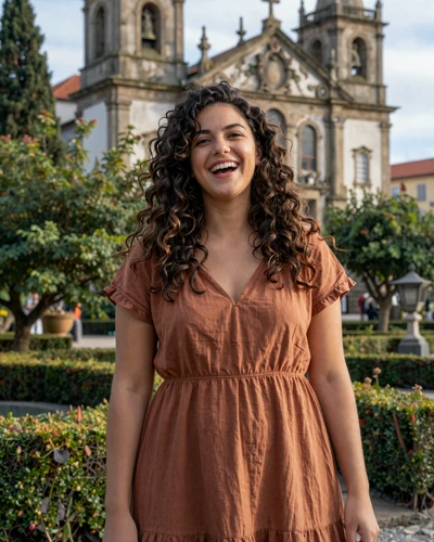 Portuguese woman Leonor laughing in a garden near Bom Jesus do Monte in Braga