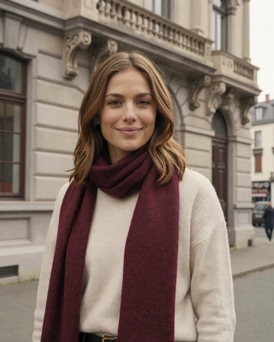 Belgian woman Celine smiling near Art Nouveau architecture in Brussels