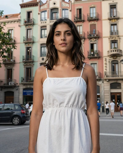 Spanish woman Ana on a vibrant Barcelona street with Modernist architecture behind her