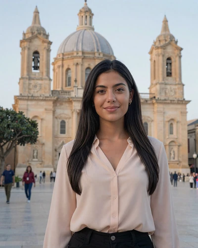 Maltese woman Katrina in Mosta town square with the famous Rotunda dome church behind her