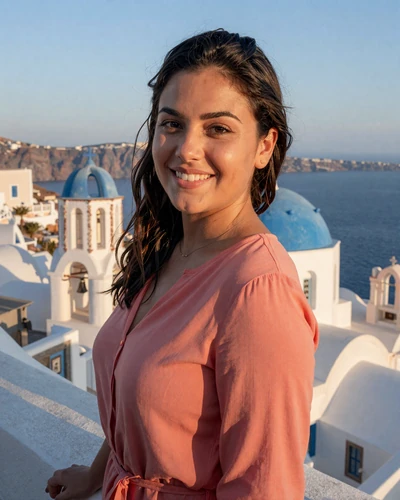 Greek woman Nikoleta on a Santorini terrace in Oia with caldera and blue dome behind