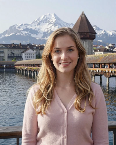 Swiss woman Sophie on Chapel Bridge in Lucerne with Mount Pilatus in the background