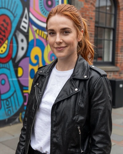 Irish woman Orla in Belfast Cathedral Quarter with street art murals behind