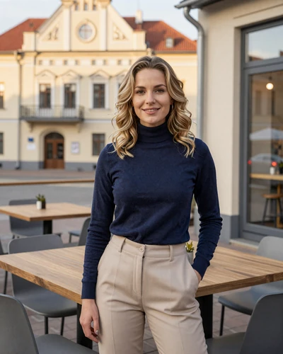 Lithuanian woman Egle at a modern cafe terrace in Kaunas with art deco architecture