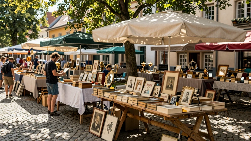 European outdoor antique market with vintage books and stalls on a sunny cobblestone street
