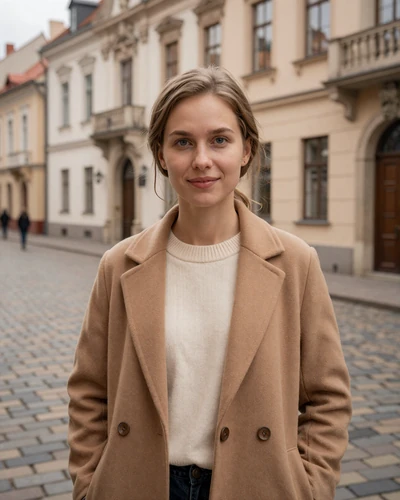 Lithuanian woman Ruta smiling on a cobblestone street in Vilnius Old Town