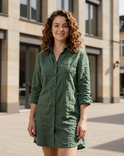 Luxembourg woman Amélie in front of a modern cultural building in Dudelange