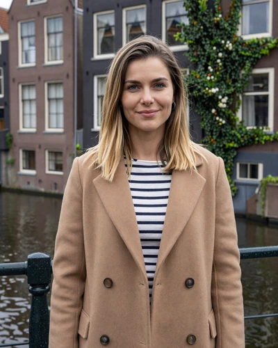 Dutch woman Eva on a canal bridge in historic Leiden with university buildings