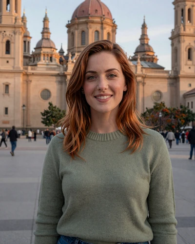 Spanish woman Isabel at a plaza in Zaragoza with the Basilica del Pilar cathedral behind