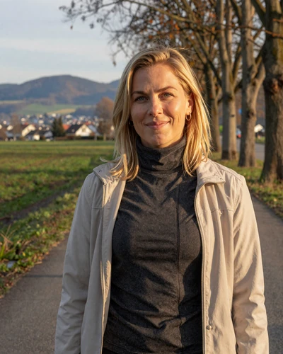 Liechtenstein woman Nadine on a tree-lined path near Schaan with Rhine Valley hills
