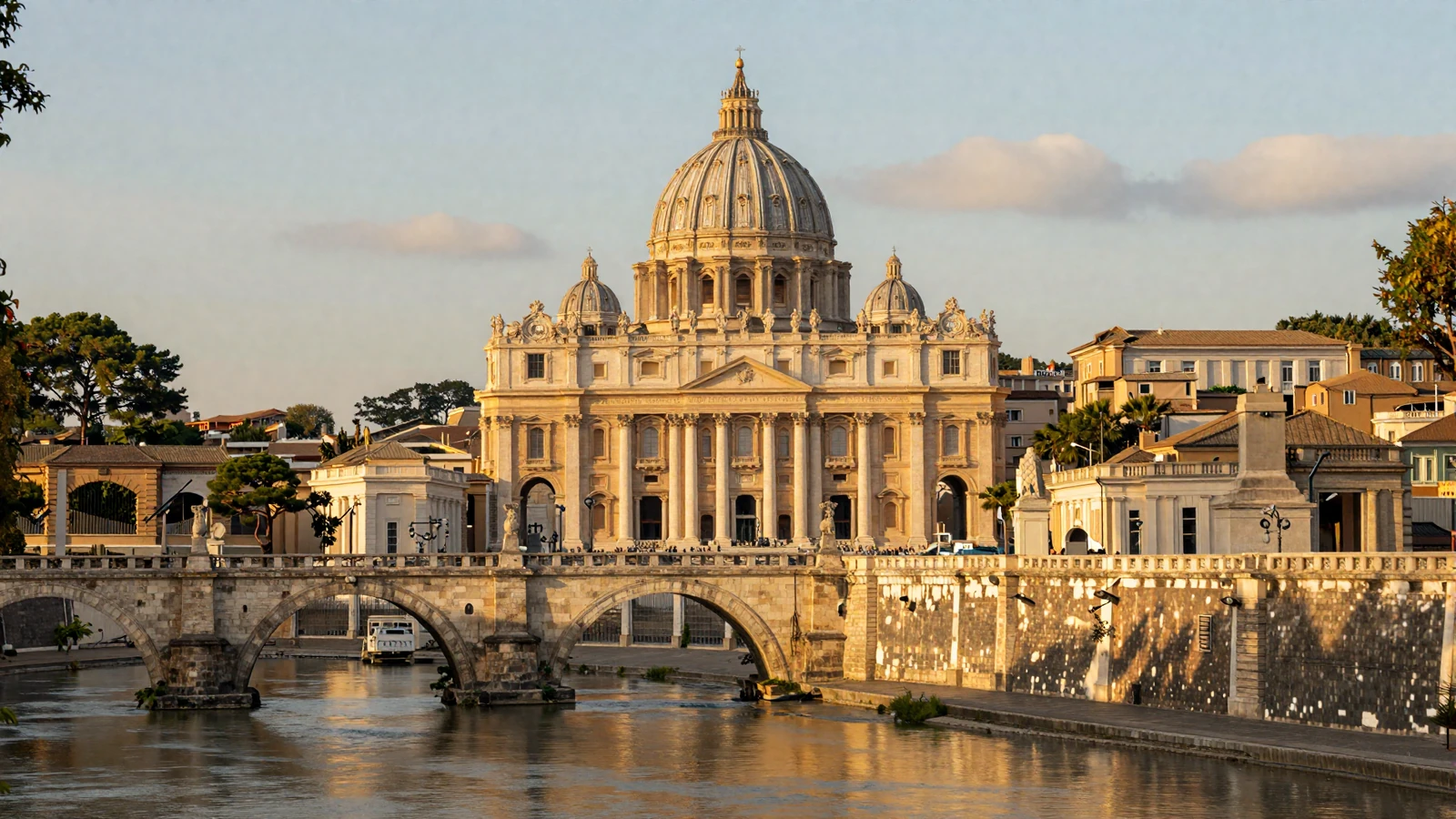 St Peters Basilica and Vatican City skyline at golden hour over the Tiber River in Rome for Vatican area women dating