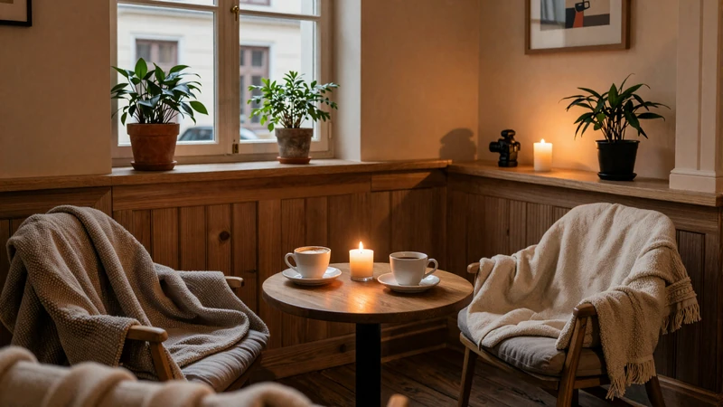 Cozy Danish hygge cafe interior in Copenhagen with candlelight perfect for romantic dates