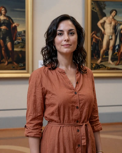 Italian woman Elena standing gracefully in a Florence art gallery