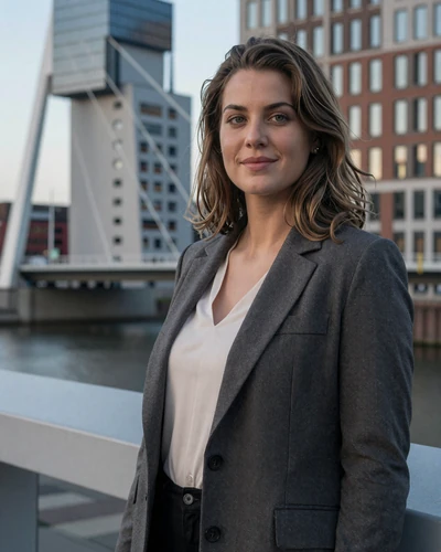 Dutch woman Lotte near modern Rotterdam architecture with Erasmus Bridge behind her