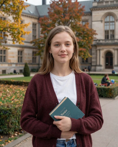 Swedish woman Maja at Uppsala University campus garden with autumn foliage