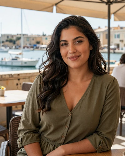 Maltese woman Daniela at a harbor-side cafe terrace in St. Julian's Malta