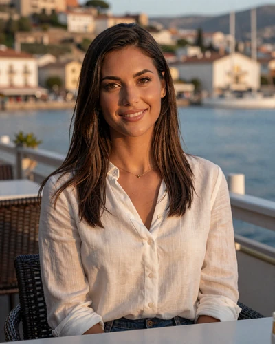 Monacan woman Camille smiling at a seaside terrace cafe in Monte-Carlo with harbor views