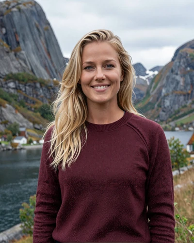 Norwegian woman Ingrid with a fjord landscape behind her