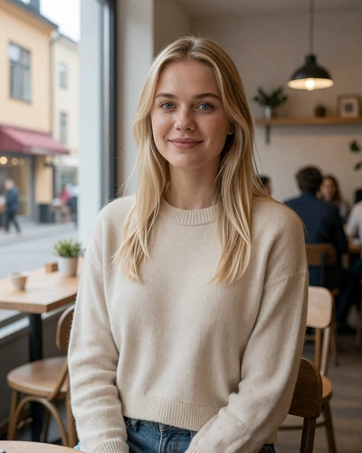 Swedish woman Astrid at a cozy Stockholm cafe in Södermalm district