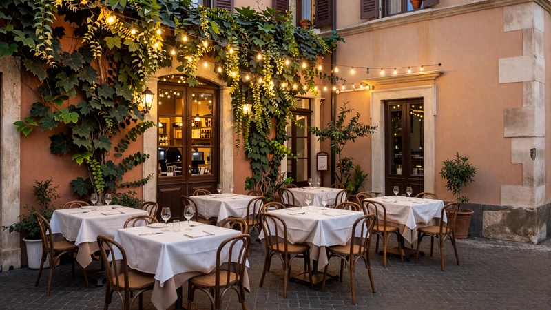 Romantic Italian trattoria terrace in Trastevere Rome with string lights perfect for Italian dating