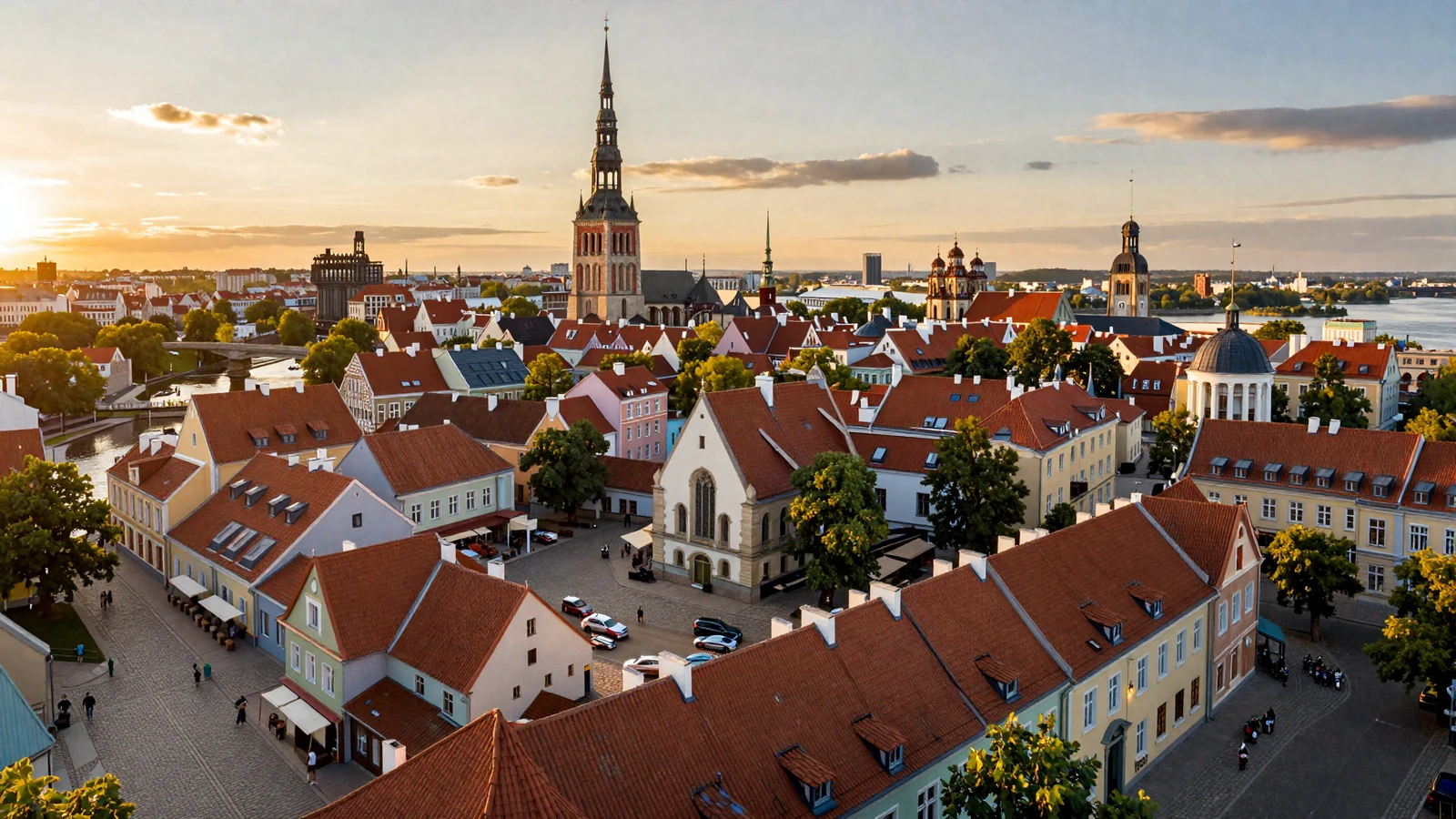 Panoramic view of Riga Latvia Old Town at sunset with Daugava River for Latvian women dating